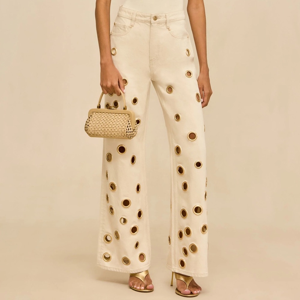NWT Sz.25 Cult Gaia Off White Wide Leg Jaiden Jeans with Gold Grommet accents